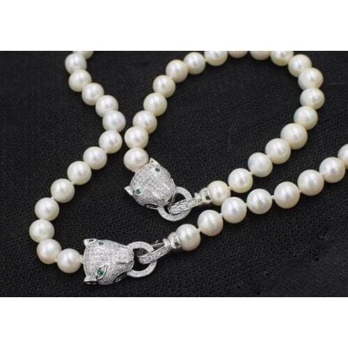 Zircon Leopard head clasp accessory 8-9mm white freshwater pearl necklace bracelet set for women jewelry