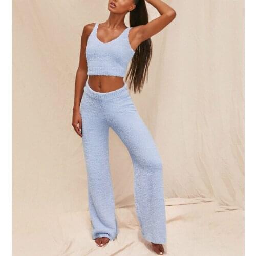 Two piece outfits for women European American new style casual fashion plush solid color V-neck strapless vest + trousers suit