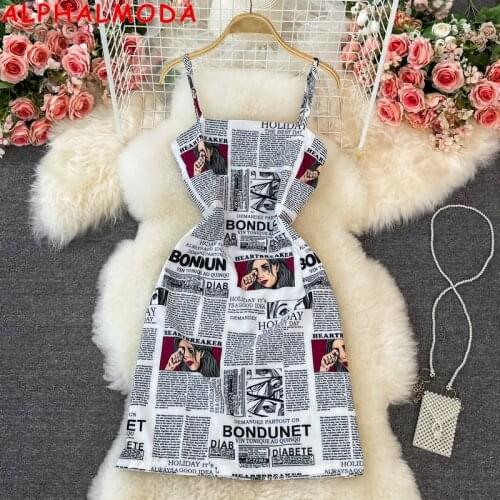 ALPHALMODA 2021 Summer New Chic Letter Printing Wrap Hip Strap Dress Women Skinny Tight Sexy Mini Dress