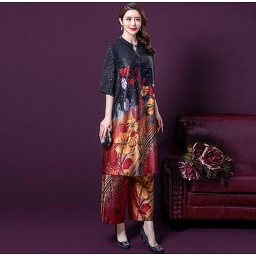 2 Pieces Fashion Spring Summer Art Retro Printing Top Loose Wide Spot Women Work Wear Dresses Mother Dress Set Women Dress