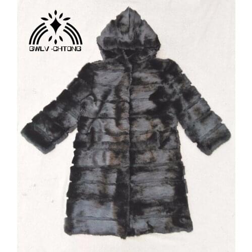 100% Real genuine natural full pelt whole skin rabbit fur coat with hood women fashion jacket custom any size