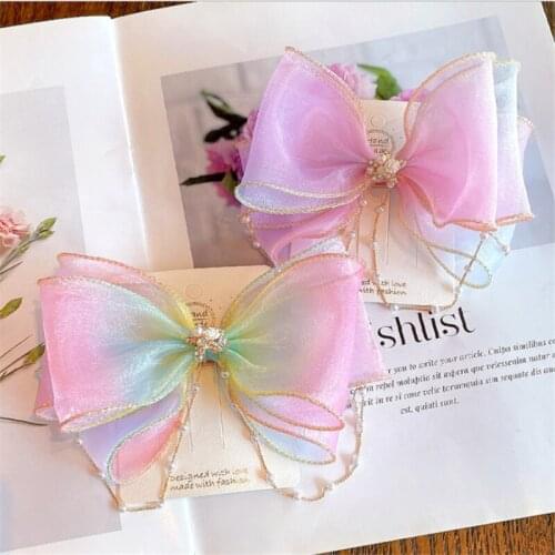12pc/Lot Girls Gradient Rainbow Yarn Bow Pearl Chain Hairpin Sweet Hair Decorate Hair Clip For Princess Fashion Hair Accessories