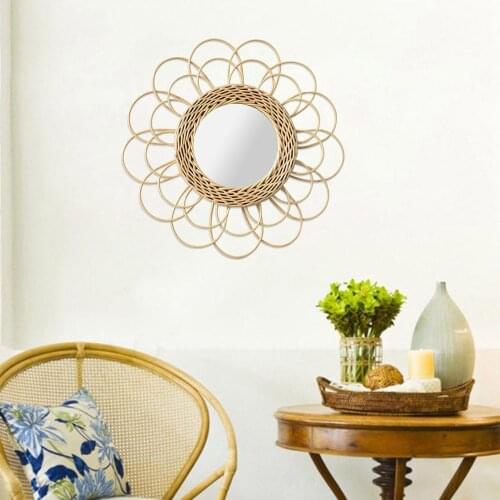 Large Rattan Round Makeup Mirror Innovative Art Decoration Dressing Bathroom Wall Hanging Mirrors Crafts