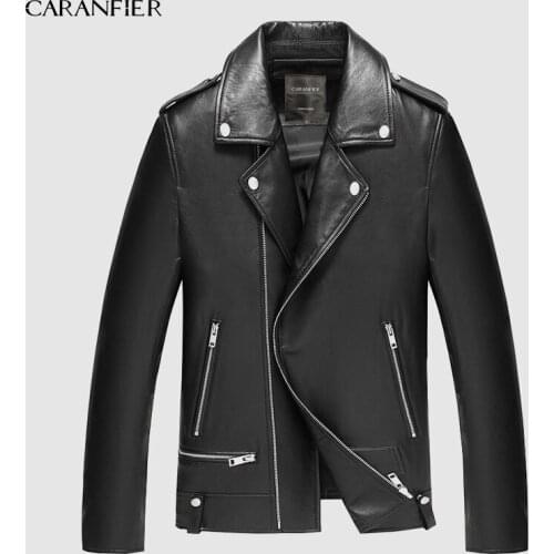 CARANFIER 2019 Men Oblique Motorcycle Jacket Nature Sheepskin New Spring Autumn Designer Coat Youth short Black Leather Coat