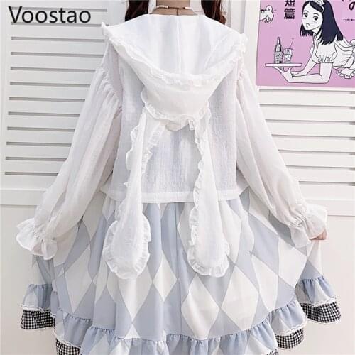 Japanese Sweet Lolita Thin Sunscreen Jacket Women Cute Long Sleeve Hooded Rabbit Ears Clothing Summer Girls Kawaii Loose Coats