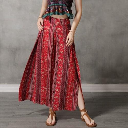 Summer Beach Fashion Bohemian Printed Wide Leg Pants Women Casual Cotton Linen Bottoms Thailand India Retro Split Loose Trousers