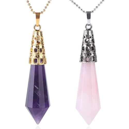 Trendy Natural Geometric Stone Crystal Pendant Necklace Jewelry with Chain Gold Plated or Silver Plated