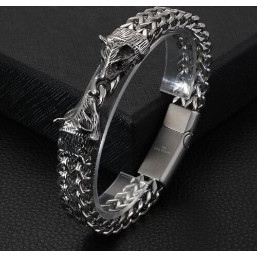 European and American Jewelry Personality Square Fish Scale Mens Wolf Head Titanium Steel Bracelet