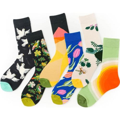 Fall and Winter Women Funny Socks Men Flower Bird Pattern Short Sock EU Size 37-45 1 Pair