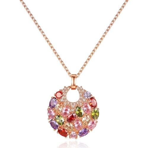 Newest Arrival Luxury Rose Gold Color Multicolor Cubic Zirconia Big Round Necklace Pendants for Women Fashion Jewelry