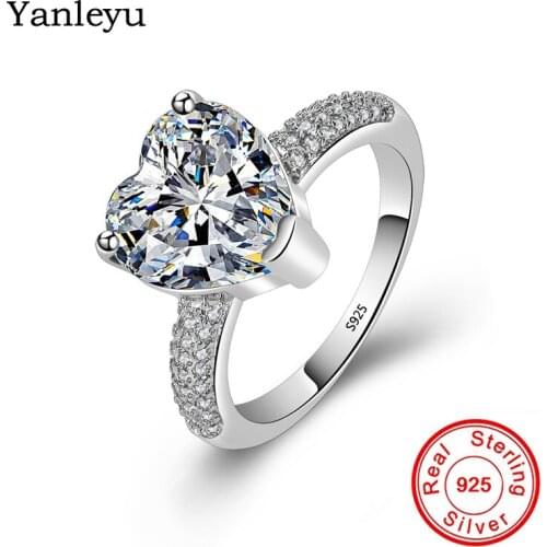 Yanleyu Big 10mm Heart Shaped Cubic Zirconia Engagement Ring Real 925 Sterling Silver Wedding Rings for Women Love Gift PR279