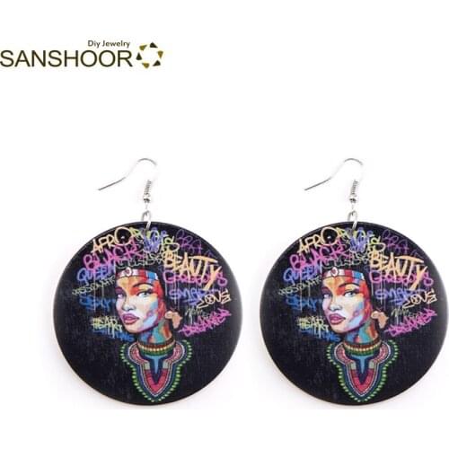 SANSHOOR 6cm Printed Afro Black Beauty Wood Earrings African Queen Natural Hair Pattern For Women Valentines Day Gift 1pair