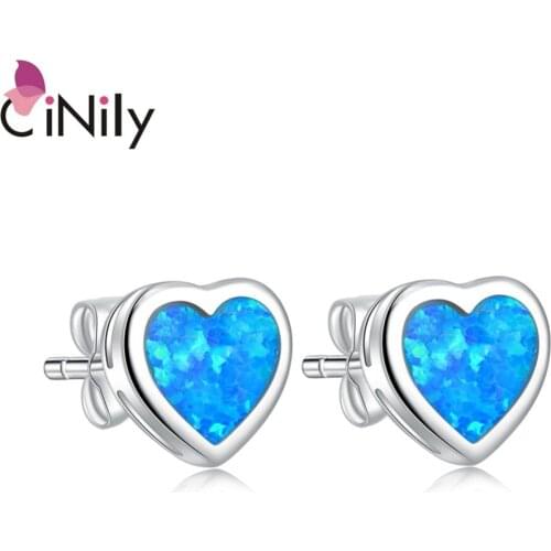 CiNily Blue & Orange & White Fire Opal Stone Sweet LOVE Stud Earrings Silver Plated Heart Earring Korean Jewellery Girl Couple