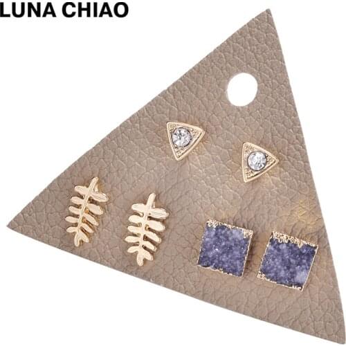LUNA CHIAO Fashion Triangle Leaf Shape Metal Stud Square Resin Druzy Earring Pack