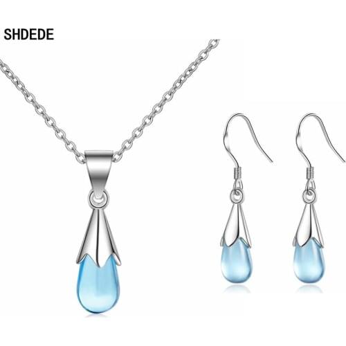SHDEDE Fashion Earrings And Necklace Set For Women Wedding Bridesmaid Blue Water Drop Crystal Jewelry Sets -X500