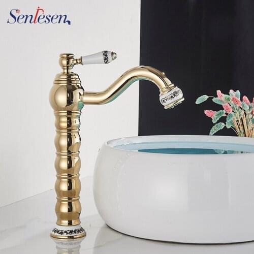 Senlesen Basin faucet Bathroom Golden Single Hole Sink Tap 360 Rotating Basin Tap Hot and Cold Water
