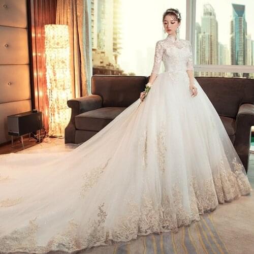 Wedding Dress 2020 New Hepburn Bride Stand-up Collar Retro Long Tail Female Princess Sleeves