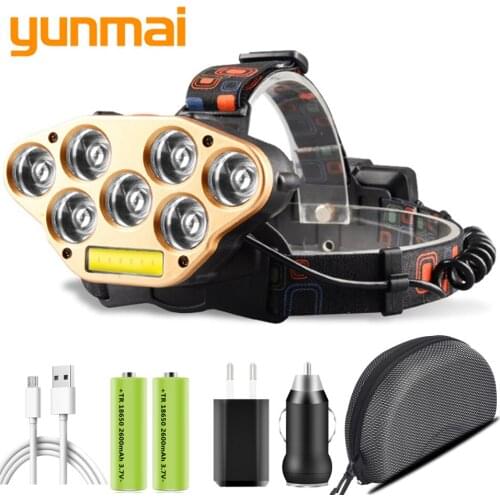 LED Headlamp 7*XPE & 1*COB Glare Charging Headlights Night Fishing Lights Usb Bulbs Q5 Head Flashlight Torch Lamp Litwod DC Port
