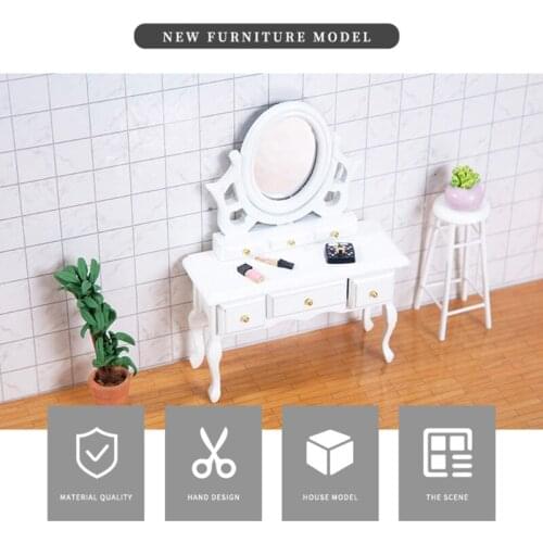 1:12 Scales Miniature Dollhouse Makeup Dressing Table Mirror Jewelry Wood Desk Vanity Set Pretend Play Kids Miniature