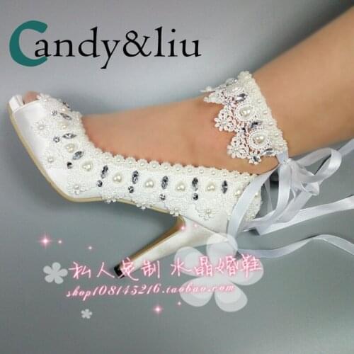 White Lace Pearl Beaded Wedding Shoes Super High Heel Peep Toe Applique Women Pumps with Ankle Strap Lace-up for Party Banquet