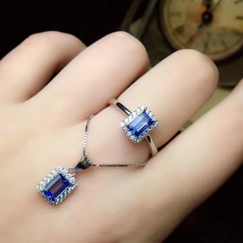 KJJEAXCMY boutique jewelry 925 Silver-inlaid Natural Tanzanite Female Pendant Ring Necklace Set Support Detection