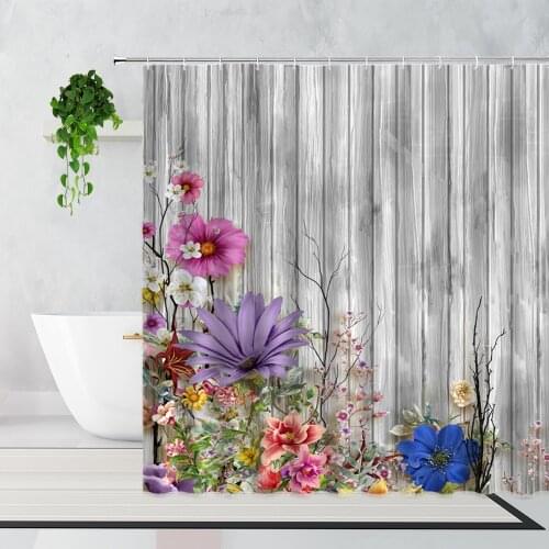 Retro Wood Grain Flowers Shower Curtain Rose Poppy Bathroom Waterproof Bath Curtains Bathtub Screen Wall Decoration With Hooks