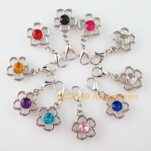 10 New Flower Charms With Lobster Claw Clasps Dull Silver Plated Mixed Crystal 15x17mm