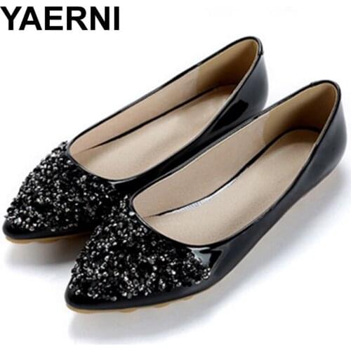 YAERNI Flats mujer wedding party shoes for women patent leather slip on pointy toe bling loafers black and white plus size 12 11