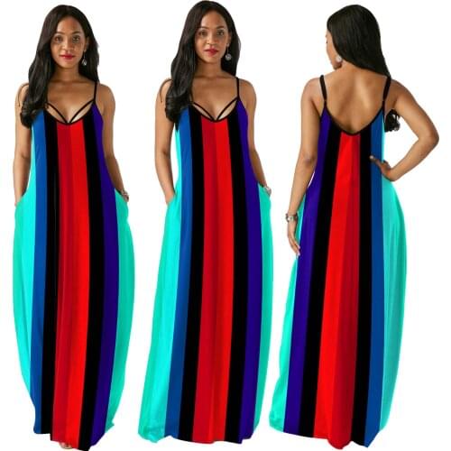 Echoine Sleeveless V-neck Striped Print Color Patchwork Maxi Long Dress Women Sexy Casual Loose Beach Robe Boho Elegant Vestidos