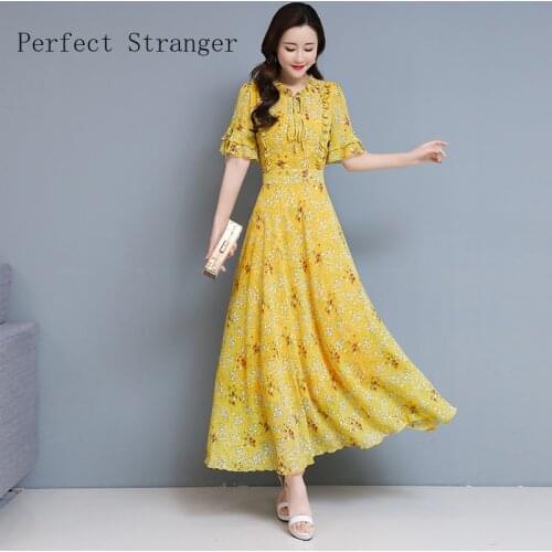 2021 Spring Summer New Arrival Bohemian Style Plus Size M-3XL Flower Printed Short Sleeve Hot Sale Women Long Chiffon Dress