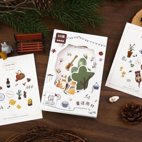 30 Pcs/Set Fairy Forest Scene Series Postcard Cartoon Animals Greeting Cards Bookmarks DIY Journal Decoration
