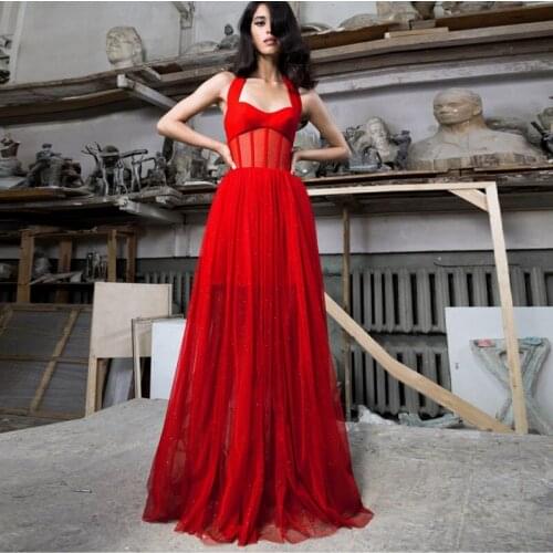 2020 New Elegant Wine Red Mesh Sequin Spaghetti Strap Long Maxi Sexy Fashion Vestidos Celebrity Party Runway Bandage Dress