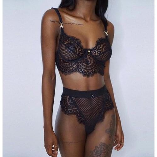 BKLD Two Pieces Sets Mesh Transparent Women Underwear SetSexy Lace Bra Set Push Up Unlined Bralette Lingerie and Bottom