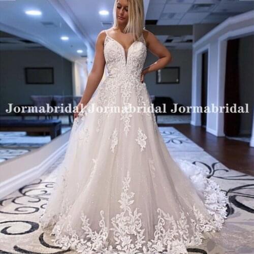 Shiny V-Neck Wedding Dresses 2021 Spaghetti Strap Vintage Lace Applique Wedding Gown Glitter Tulle Bride Dress Vestidos De Novia