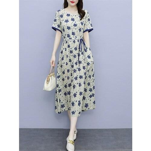 Floral Cotton And Linen Dress Womens Summer 2021 New O-Neck Short Sleeve Slim Thin Linen Printed Retro Casual Dress Midi zh1379