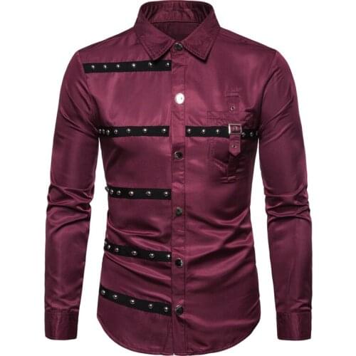 Mens long-sleeved shirt Gothic wind rivet Casual Dress Shirts Men Desinger Stylish Long Sleeve Slim Fit black Shirts M-3XL