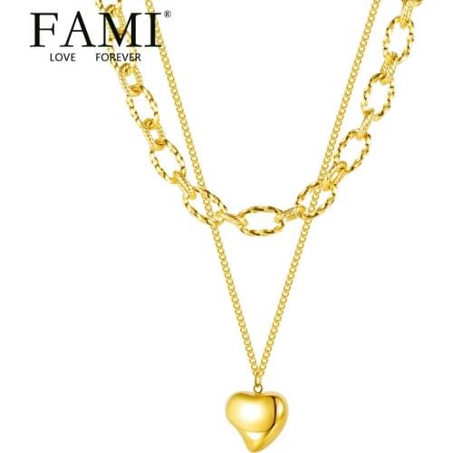 FAMI versatile three-dimensional Love Pendant sweater chain Japan and South Korea double-layer stainless steel splicing Necklace