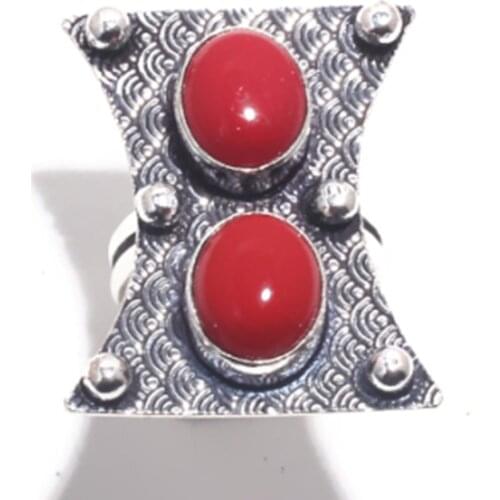 Genuine Coral Ring Silver Overlay over Copper , Hand Made Women Jewelry gift , Size: 7, R6862