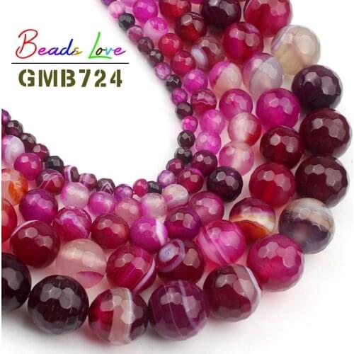 Natural Stone Faceted Fuchsia Striated Agates Onyx Round Loose Beads for Jewelry Making Diy Bracelet Necklace Wholesale 15 Inch