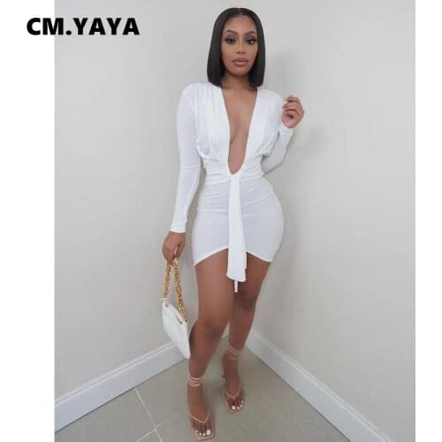 CM.YAYA Women Mini Dress Solid Cleavage Sexy Vestidos Stretchy Bodycon Night Club Party Dresses Fashion Streetwear Autumn Outfit