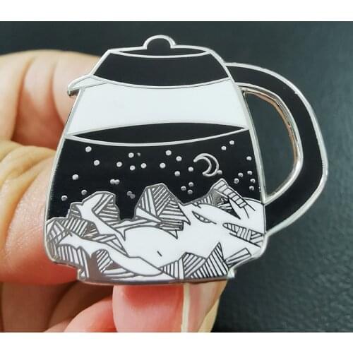 GDHY Fashion Teapot Coffee Pot Enamel Brooch Nature Mountain Forest Moon Star badge perfect gift for adventurers