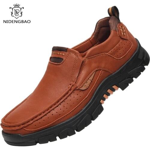 New Spring Men Casual Shoes Leather Loafers Outdoor Mens Shoes Quality Split Leather Flat Moccasins Men Sneakers Big Size 39-48