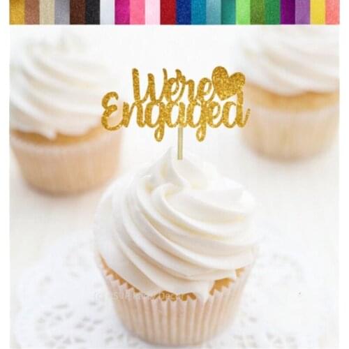 Custom We're Engaged Cupcake Toppers, Engagement glitter Toppers, Bridal Shower gold Topper, Engagement Party Decorations