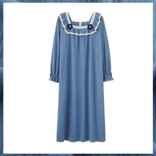 Blue Cotton Long Nightgown Ladies Sweet Lace Ruffles Home Dress Spring Autumn Lantern Sleeve Nightdress Loose Casual Sleepwear