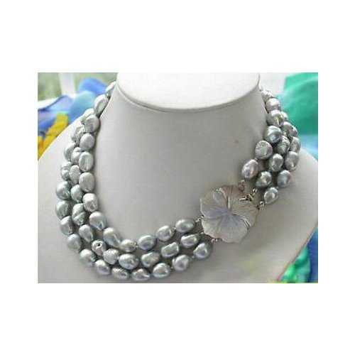 3 Row 17-19" 9-10mm Gray Baroque Freshwater Cultured Pearl Necklace