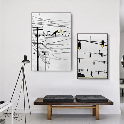 City Scenery Yellow Light musical note Cable Picture Home Decor Print Poster Nordic Canvas Living Room Bedroom Wall Art Painting