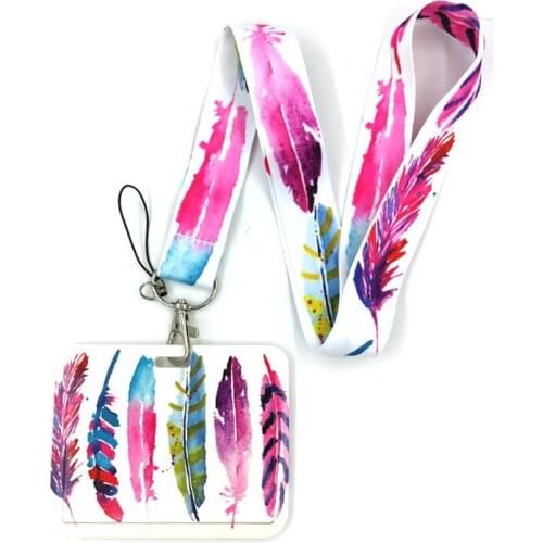 Pink Feathers Color Leaves Creative Lanyard Card Holder Student Hanging Neck Phone Lanyard Badge Subway Access Card Holder
