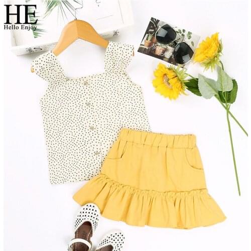 HE Hello Enjoy 2021 Summer New StyleBaby Girl Childrens Clothing Light Yellow ot Print Top+Yellow skirt Two-piece suit Casual
