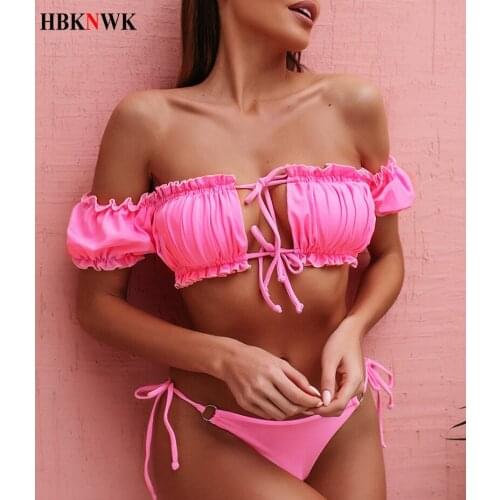 Sexy Off Shoulder Bikini Swimsuit Pink 2020 Mujer Ruffled Swimwear Women Pleated Bathing Suit Swim Suit Beach Push Up Bikini Set