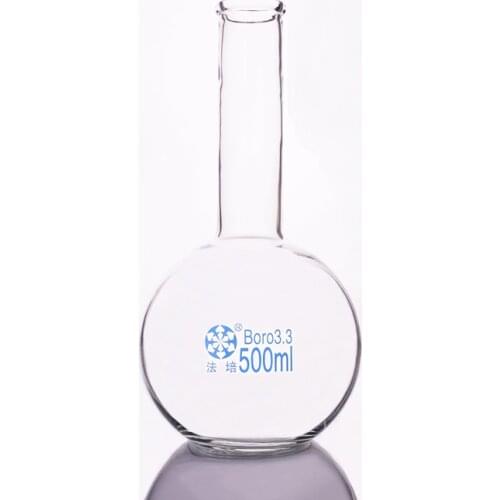 Boiling flask flat bottom long narrow neck,Capacity 500ml,The O.D. of the neck is about 33mm,Long neck flask with normal mouth